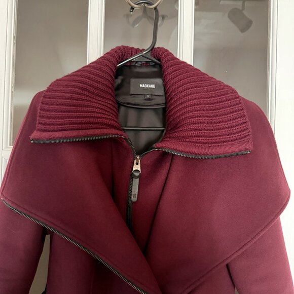 Mackage Nori Wool Coat with Leather Belt, Size S, Wine/Burgundy - Picture 4 of 6